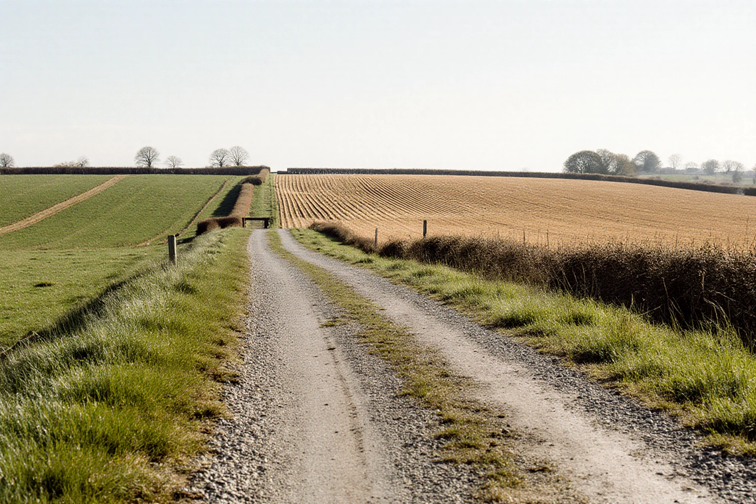 Gravel farm access road with grass verges and adjacent agricultural fields
